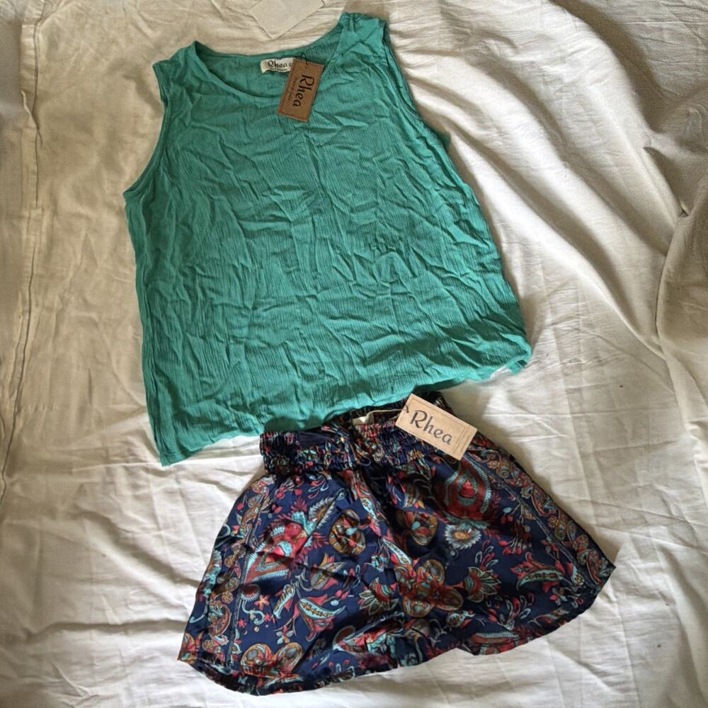 RHEA Cami Tank Top & Silk Shorts Set Women’s Small Medium Bohemian Vacation NEW